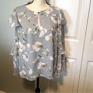 Entro Floral Womens Small Grey Gray Blue Long Sleeve Flowy Blouse Preppy Top NEW